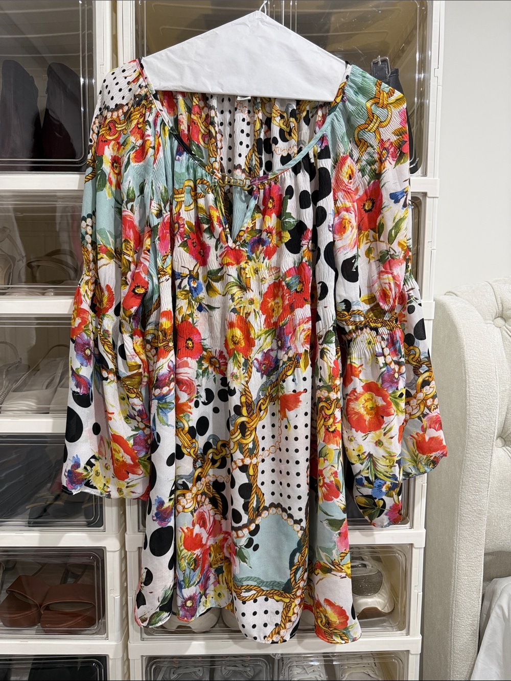 Spense Floral & Polka Dot Mixed-Print Tunic - White, Red, Light Blue, Black